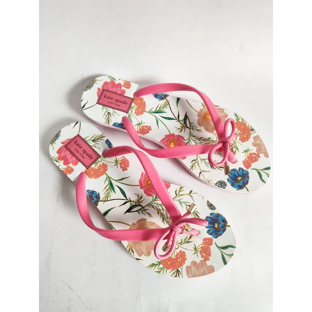 New Kate Spade Flip Flop Sandals 7 Nova Pink Floral Bow Spade Charm Summer Beach